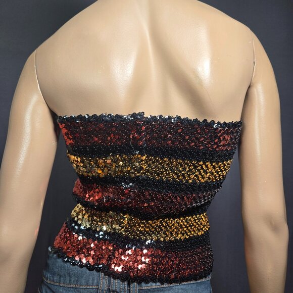 Vintage 70s 80 Disco Sequin Tube Top Size L Strapless Striped Brown Black Gold - Picture 5 of 8